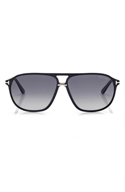 Tom Ford 61mm Polarized Navigator Sunglasses In Shiny Black / Smoke Polarized