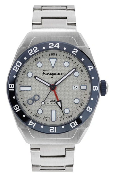 Ferragamo Men's Swiss Slx Gmt Stainless Steel Bracelet Watch 43mm In Gray/silver