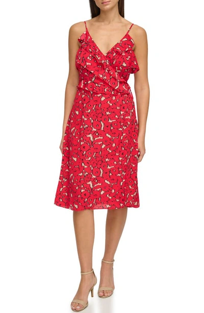 Donna Karan Floral Flutter Wrap Bodice Georgette Dress In Printed Georgette Fl