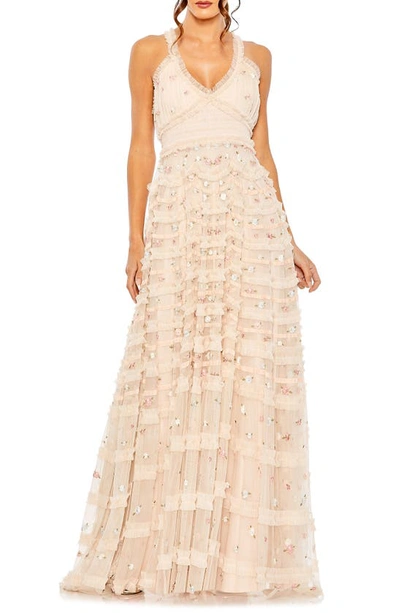 Mac Duggal Floral Embroidered Crisscross Tiered Gown In Blush Multi