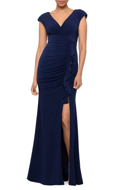 Xscape Ruffle Front Gown In Navy