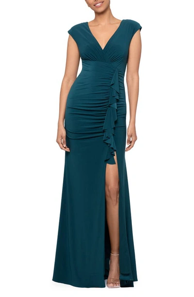 Xscape Ruffle Front Gown In Pine