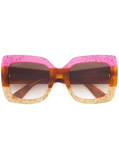 Gucci Glittered Gradient Oversized Square Sunglasses, Fuchsia/havana/gold In Pink