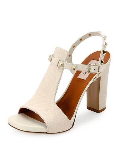 Valentino Garavani Rockstud Cutout Leather Block Heel Slingbacks In Ivory