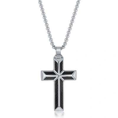 Blackjack Stainless Steel Black Carbon Fiber Cross Necklace In Silver