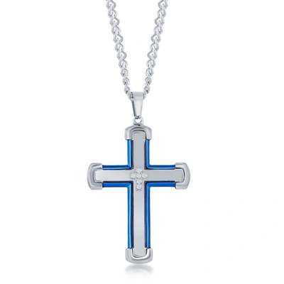 Blackjack Stainless Steel Blue & Silver Cz Cross Necklace