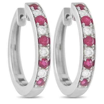 Non Branded Lb Exclusive 14k White Gold 0.25 Ct Diamond And 0.42 Ct Ruby Hoop Earrings