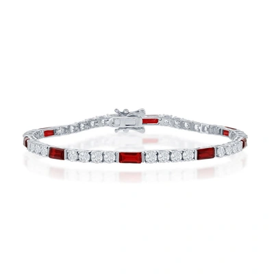 Simona Sterling Silver Round And Emerald-cut 3mm Tennis Bracelet In Red