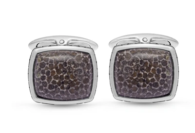 Monary Fossil Agate Stone Cufflinks In Black Rhodium Plated Sterling Silver