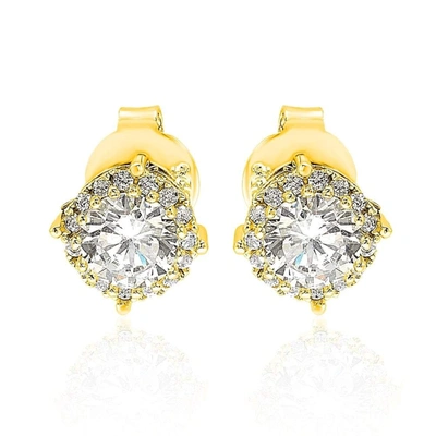 Suzy Levian Yellow Sterling Silver White Cubic Zirconia Round Stud Earrings In Gold