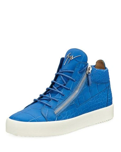 Giuseppe Zanotti Men's Crocodile-embossed Leather Mid-top Sneakers, Blue