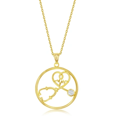 Simona Sterling Silver Cz Stethoscope Heartbeat Pendant - Gold Plated