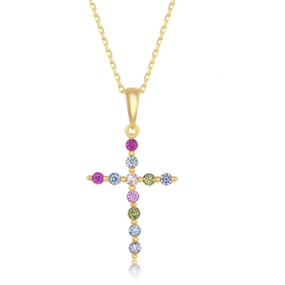 Simona Sterling Silver Rainbow Cz Cross Pendant In Gold