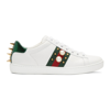 Gucci Ace Faux Pearl-embellished Metallic Watersnake-trimmed Leather Sneakers In White