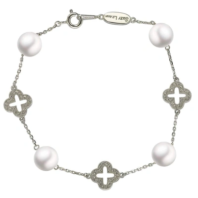 Suzy Levian Sterling Silver Clover White Sapphire And Cultured Pearl Bracelet In Blue