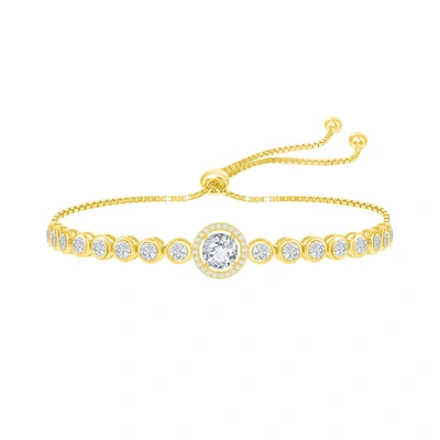 Simona Sterling Silver Round Cz Halo Bezel-set Cz Adjustable Bolo Bracelet In Gold