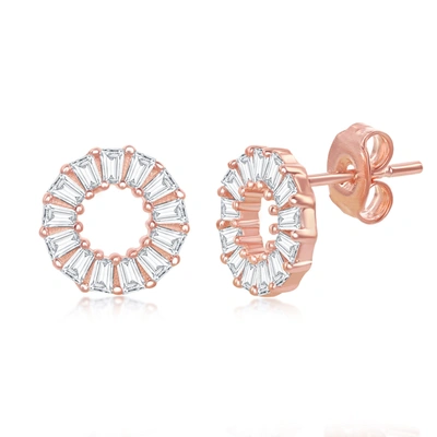 Simona Sterling Silver Open Circle Baguette Cz Stud Earrings - Rose Gold Plated In Pink