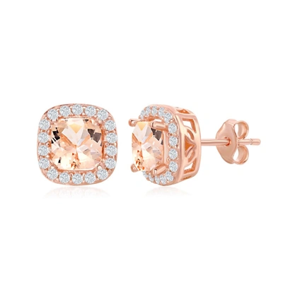 Simona Sterling Silver Square Morganite Cz With White Cz Border Earrings - Rose Gold Plated In Pink