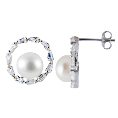 Splendid Pearls Sterling Silver 8-8.5mm Freshwater Pearl Halo Earrings In White
