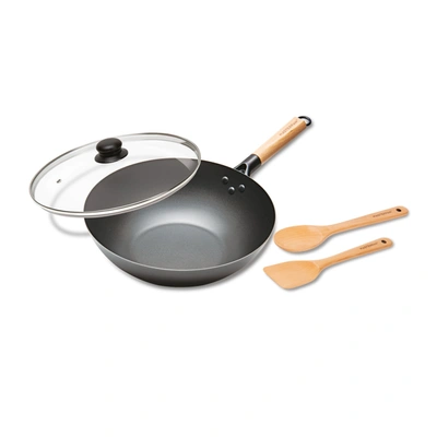 Masterpan Carbon Steel Wok With Glass Lid & Wooden Utensils, Non-stick Flat Bottom Asian Stir-fry Cookware Wit In Black