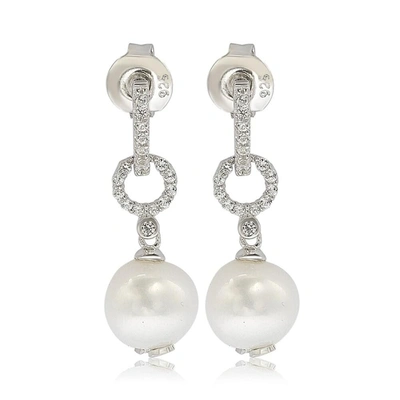 Suzy Levian Sterling Silver Pearl & White Sapphire Dangle Earrings In Blue