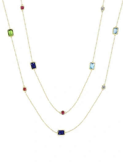 Liv Oliver 18k Gold Emerald Cut And Round Multi Color Long Necklace In Blue