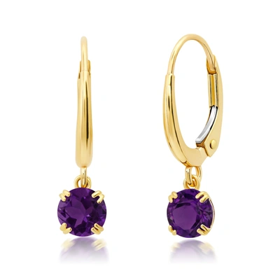 Nicole Miller 10k White Or Yellow Gold Round  Cut 5mm Gemstone Dangle Lever Back Earrings With Push Backs In Purple