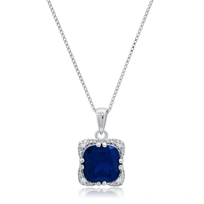 Nicole Miller Sterling Silver Cushion Cut Gemstone Square Pendant Necklace And Created White Sapphire Accents On 1 In Blue