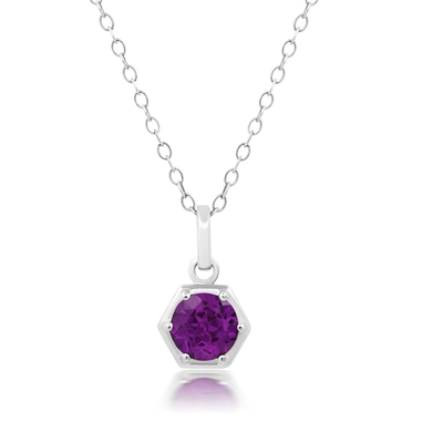 Nicole Miller Sterling Silver Round Gemstone Hexagon Pendant Necklace On 18 Inch Chain In Purple