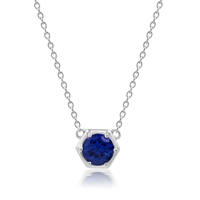 Nicole Miller Sterling Silver Round Gemstone Hexagon Stationary Pendant Necklace On 18 Inch Chain In Blue