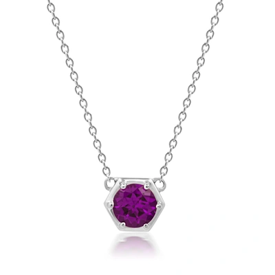 Nicole Miller Sterling Silver Round Gemstone Hexagon Stationary Pendant Necklace On 18 Inch Chain In Purple