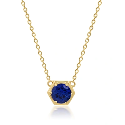 Nicole Miller 14k Yellow Gold Overlay Over Sterling Silver Round Gemstone Hexagon Stationary Pendant Necklace On 1 In Blue