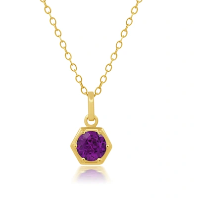 Nicole Miller 14k Yellow Gold Overlay Over Sterling Silver Round Gemstone Hexagon Pendant Necklace On 18 Inch Chai In Purple
