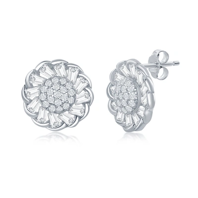 Simona Sterling Silver Micro Pave Center & Baguette Cz Border Flower Design Stud Earrings