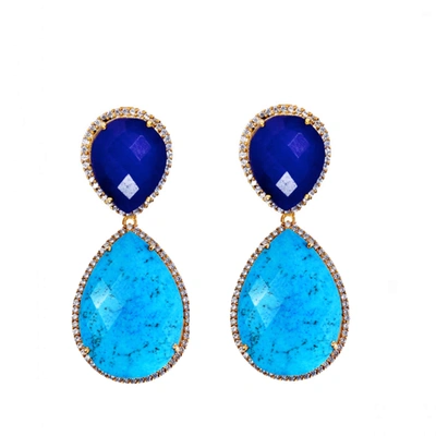 Liv Oliver 18k Gold Plated Turquoise & Sapphire Double Pear Drop Earrings In Blue