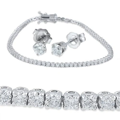 Pompeii3 3ct Diamond Studs & Tennis Bracelet Set 14k White Gold In Silver