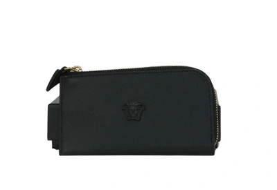 Versace Smooth Leather Matte Medusa Head Organizer Zip Card Case Wallet Women's In Black