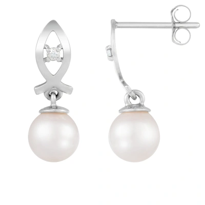 Splendid Pearls 14k White Gold Diamond Pearl Earrings In Silver