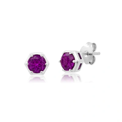 Nicole Miller Sterling Silver Round Cut 5mm Gemstone Hexagon Stud Earrings With Push Backs In Purple