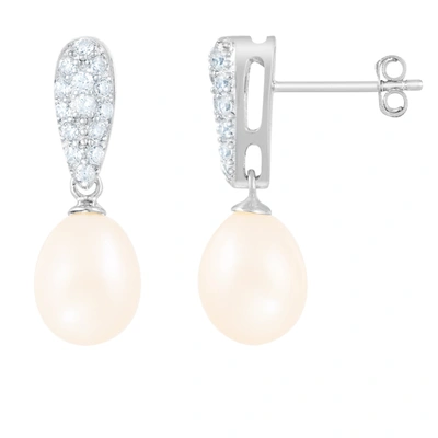 Splendid Pearls Fancy Sterling Silver Dangling 8-8.5mm Freshwater Pearl Earrings In White