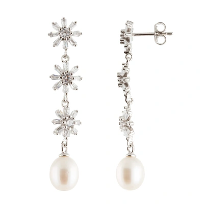 Splendid Pearls Sterling Silver Cz Cluster Freshwater Pearl Earrings In White