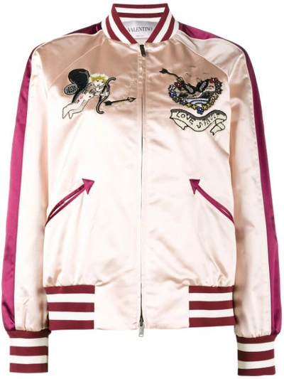 Valentino Embroidered Silk Satin Bomber Jacket In Pink