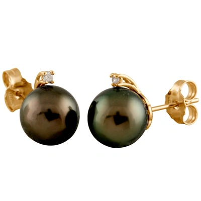 Splendid Pearls 14k Gold Diamond Accented Tahitian Pearl Stud Earrings In Black