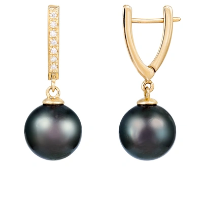 Splendid Pearls 14k Gold Diamond Encrusted Tahitian Pearl Earrings In Black