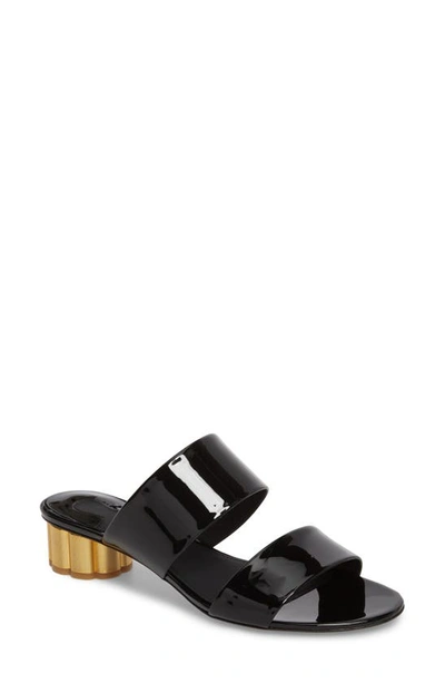 Ferragamo Belluno Patent Two-band Slide Sandals With Flower Heel In Black Patent Leather