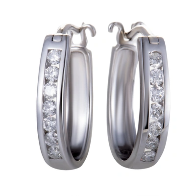 Non Branded Lb Exclusive 14k White Gold Oval Channel Set Diamond Hoop Huggies Earrings .33 Carat (0.33 Ctw) Diam In Silver