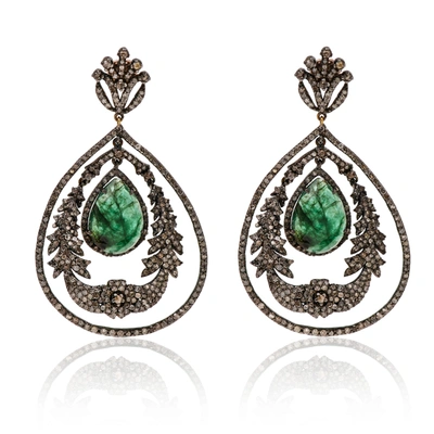 Bavna Sterling Silver, Emerald 7.40ct. Tw. And Diamonds 7.74ct. Tw. Drop Earrings In Green