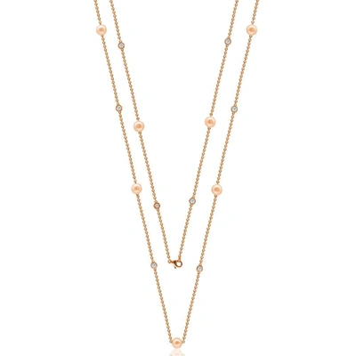 Suzy Levian Rosed Sterling Silver White Sapphire And Pearl By-the-yard 46" Station Necklace In Pink