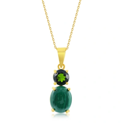 Simona Sterling Silver Oval Malachite W/ Round Chrome Diopside Pendant - Gold Plated In Green