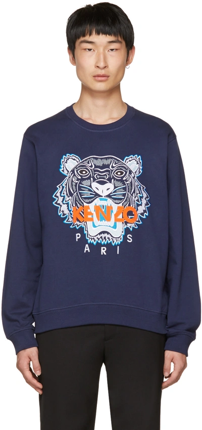 Kenzo Tiger Embroidered Cotton Sweatshirt In 78 Ink